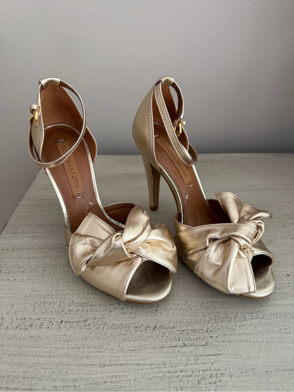 BCBGMaxAzria Metallic Gold Knotted Peep-Toe Ankle-Strap Heels